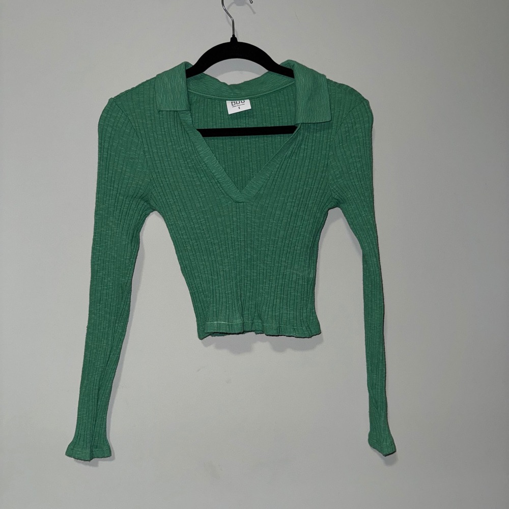 BDG Urban Outfitters Green Ribbed Knit Collared‎ Long Sleeve Crop Top Size S